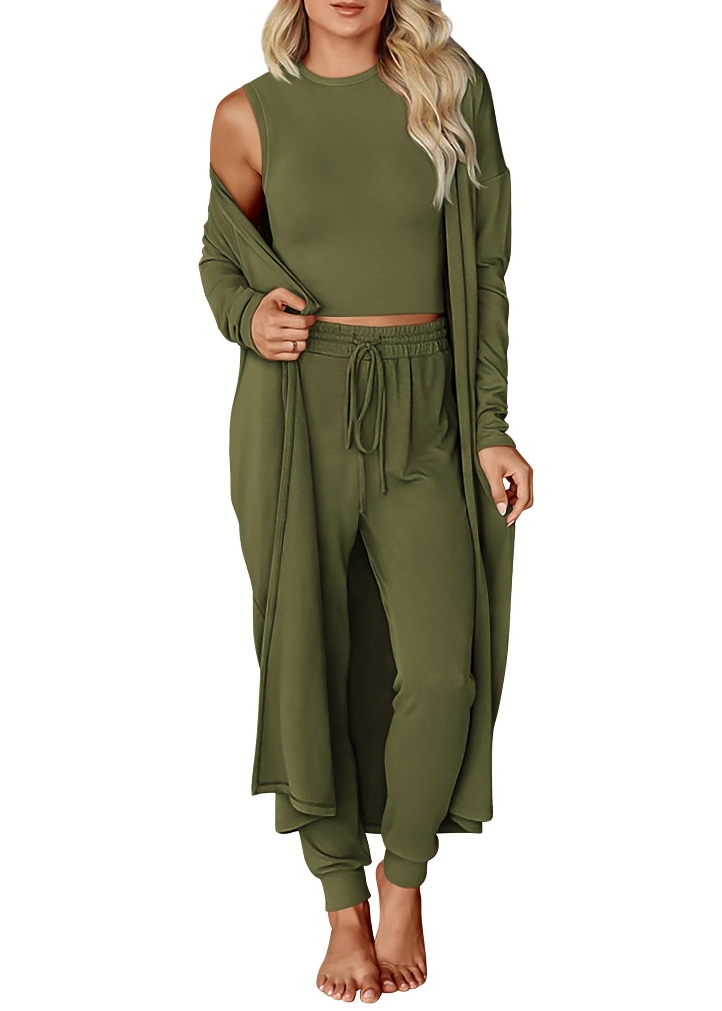 KIRUNDO 3 Piece Lounge Sets for Women Airport Travel Vacation Outfits 2025 Fall Cardigan Matching Sleeveless Top Jogger Pants
