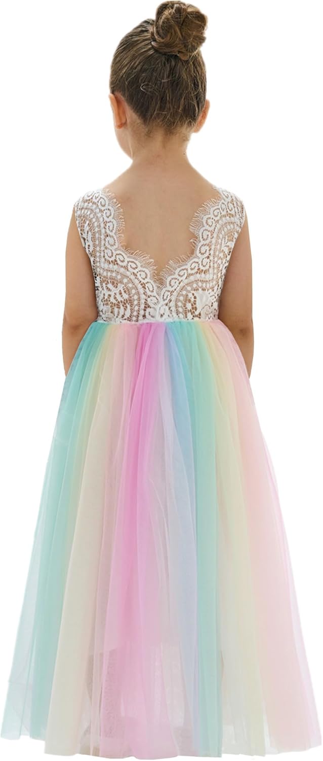 Girls Tulle Flower Girl Dress - Lace Back A-Line Party Dress Rainbow Unicorn Sleeveless Maxi
