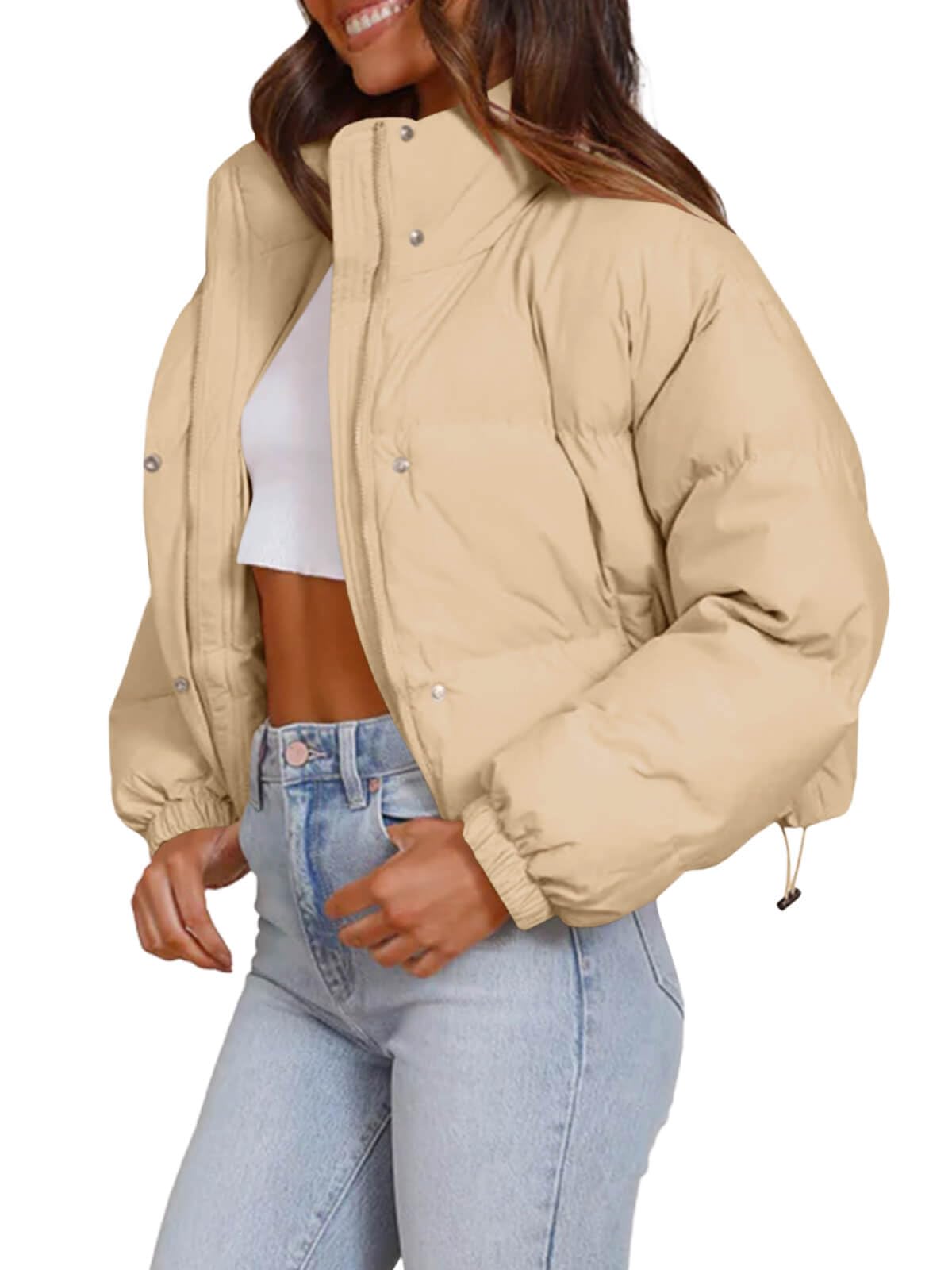Imily Bela Womens Cropped Puffer Jackets Long Sleeve Stand Collar Coats Quilted Zipper Outerwear