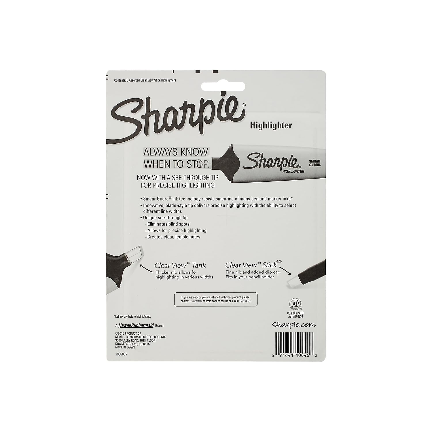 Sharpie Clear View Highlighters 8 Pack - Chisel Tip Assorted Fluorescent Colors School Office