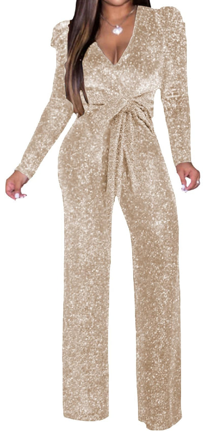 Women's Sparkly Jumpsuits Sexy Long Sleeve Cocktail Elegant Mock Neck Bodycon Straight Long Pants Rompers with Pockets