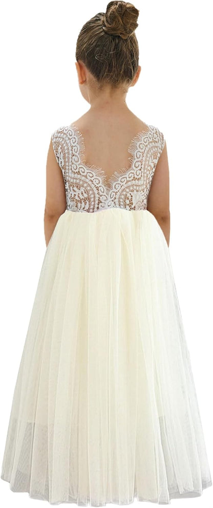 Girls Tulle Flower Girl Dress - Lace Back A-Line Party Dress Ivory Sleeveless Maxi