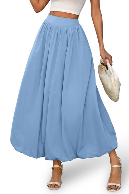 Bubble Skirt with Pockets - Elastic Waist Y2K A-Line Long Skirt for Women Airy Blue