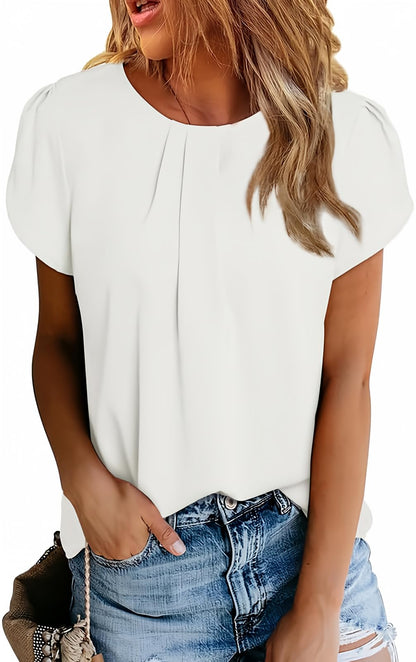 Polyester Blouses - Women's Chiffon Blouse Short Sleeve Pleated Top with Keyhole Back Detail Bright White