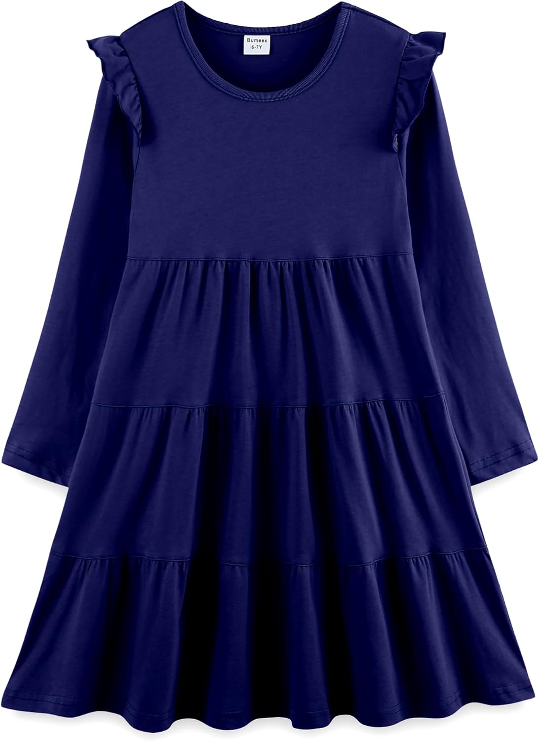 Bumeex Girl's Dresses Cotton Ruffle Sleeve Tiered Swing A-Line Cute Midi Casual Sundress #Navy