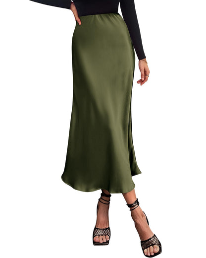 Women's High Waist Satin Midi Skirt - Elegant A-Line Flowy Party Wedding Skirt Light Army Green