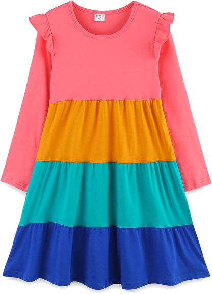 Bumeex Girl's Dresses Cotton Ruffle Sleeve Tiered Swing A-Line Cute Midi Casual Sundress #Watermelon