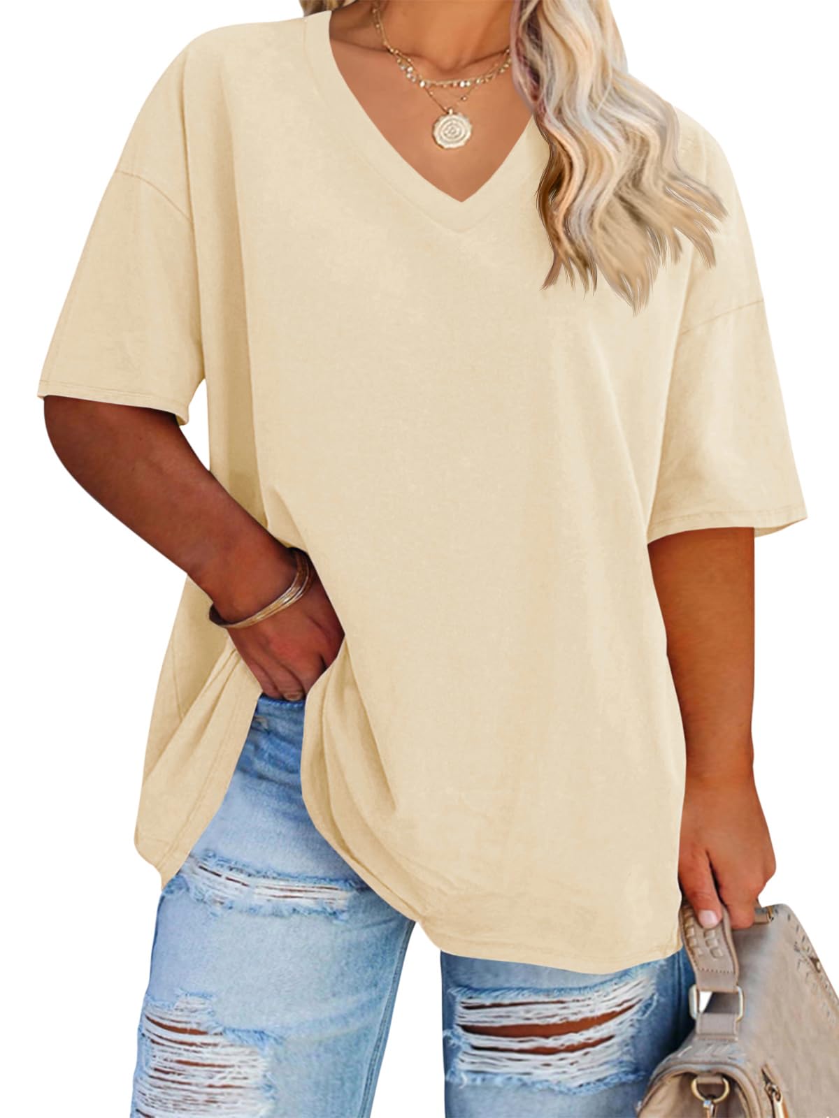 Cato Fashions Online - Women's Plus Size V-Neck Cotton T-Shirts - Summer Half Sleeve Casual Loose Fit Tunic Tops Beige
