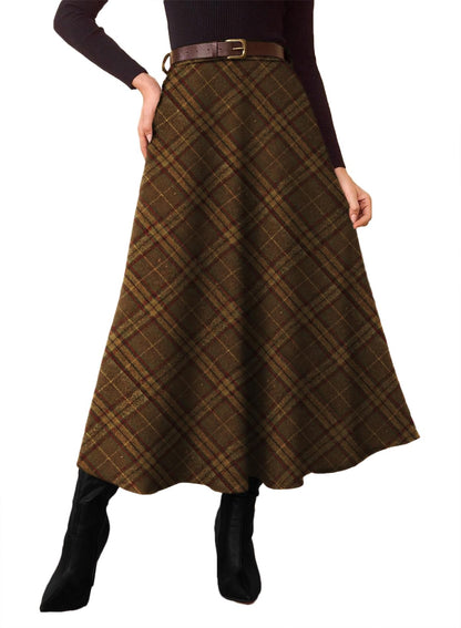 Women's Plaid Skirts - High Waist A-Line Midi Tartan Skirt with Pockets