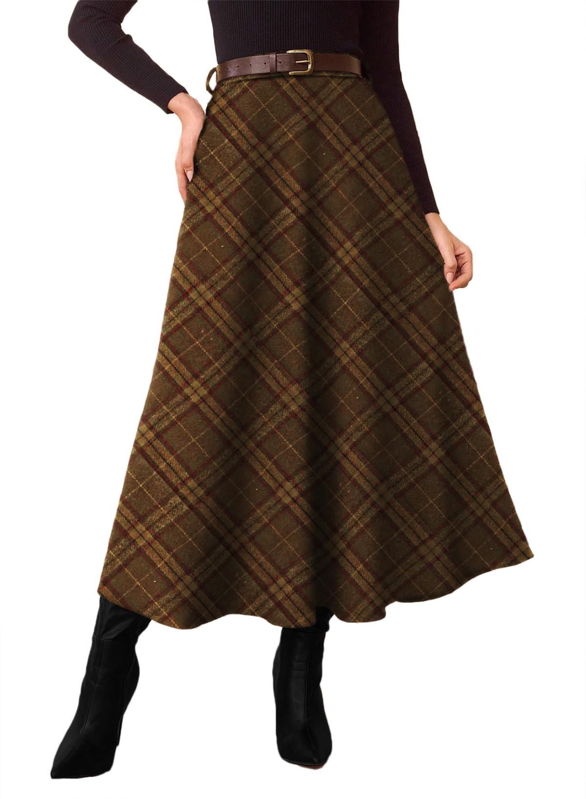 Women's Plaid Skirts - High Waist A-Line Midi Tartan Skirt with Pockets