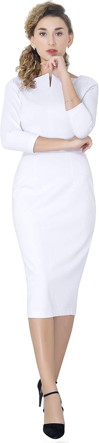 Work Office Business Dress - Square Neck Sheath Midi Dress with Long Sleeves