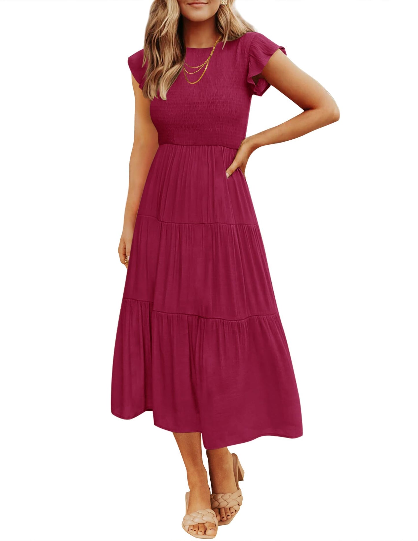 Blue Casual Dresses - Women's Summer Tiered Midi Dress - Flutter Sleeve Smocked Waist Plum