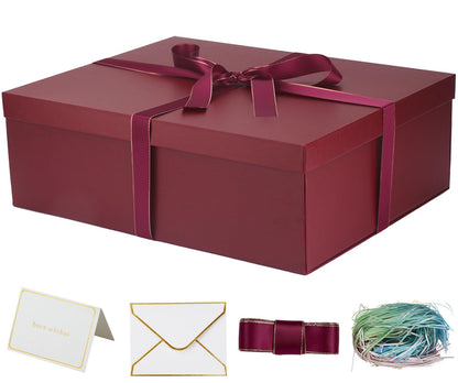 Large Gift Box with Lid 16.5x13x5.5 inches - Includes Card, Ribbons & Filler 1 Count (Pack of 1) burgundy