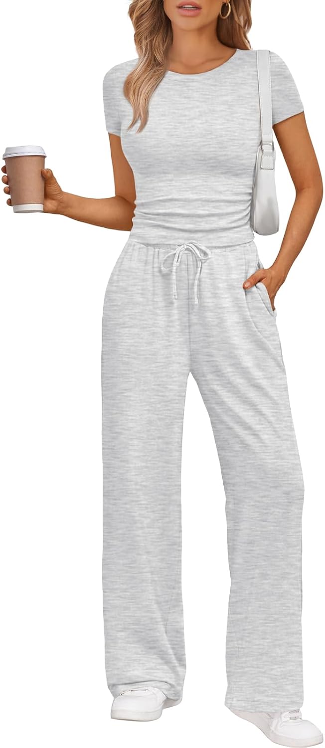 Women's 2 Piece Matching Sweatsuit Wide Leg Pants Crop Top Set