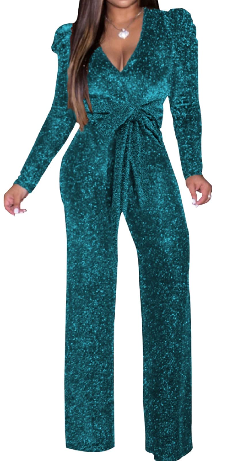 Women's Sparkly Jumpsuits Sexy Long Sleeve Cocktail Elegant Mock Neck Bodycon Straight Long Pants Rompers with Pockets