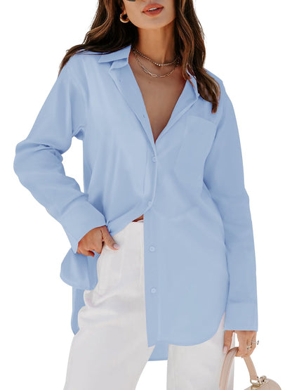 Women's Button Down Shirt - Long Sleeve V-Neck Blouse with Pockets Sky Blue
