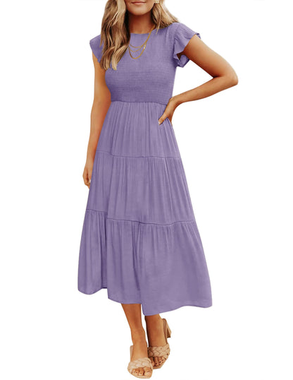 Blue Casual Dresses - Women's Summer Tiered Midi Dress - Flutter Sleeve Smocked Waist Violet
