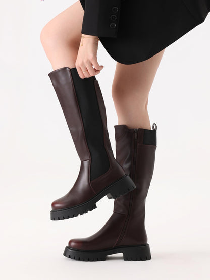 PODAIK Women’s Knee High Boots Platform Stretch Lug Sole Riding Boots Round Toe Elastic Comfortable Fashion Dress Boots with Side Zipper(10,burgundy)
