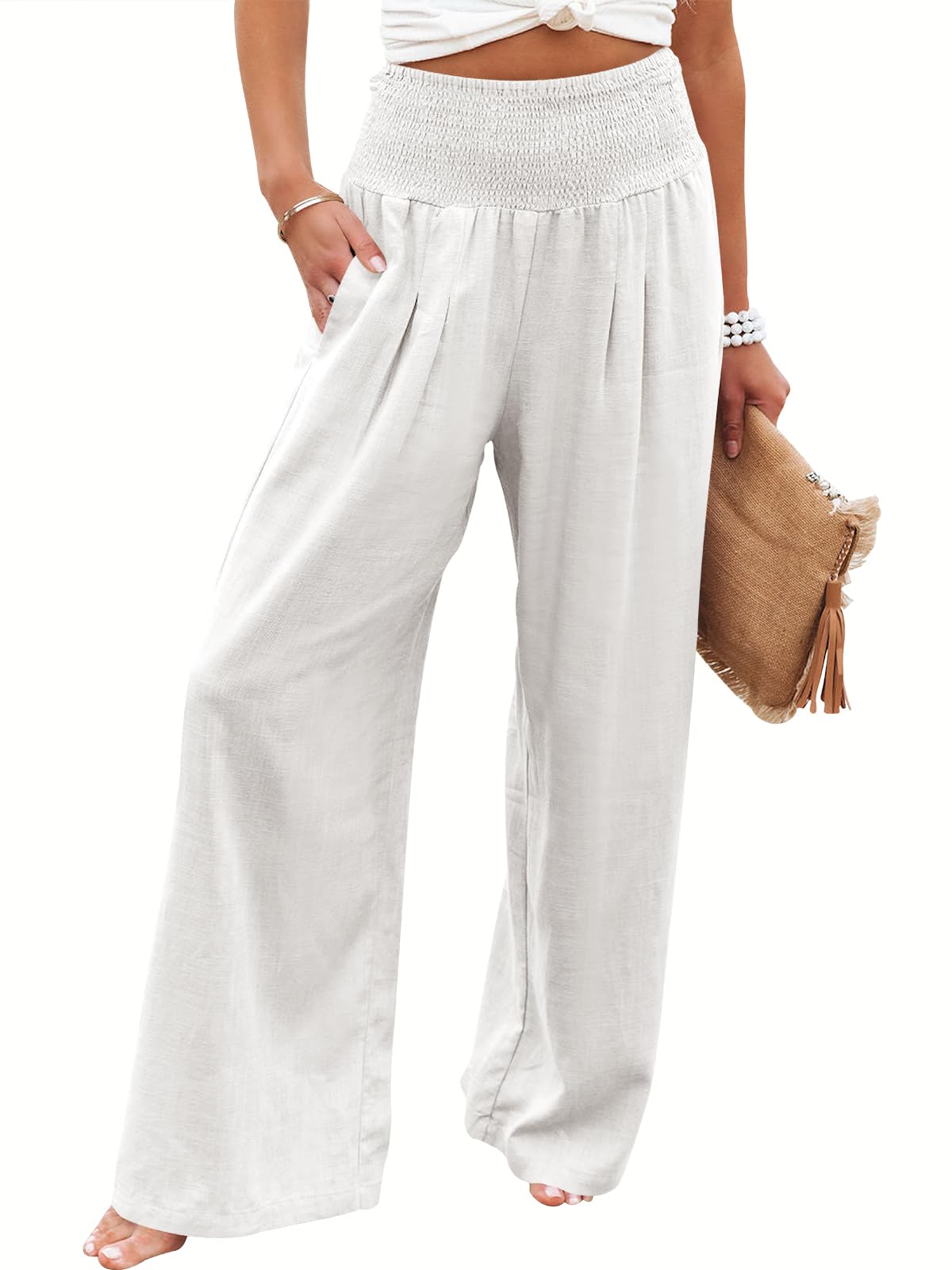 Linen Palazzo Pants Women Wide Leg High Waist Summer Boho Casual Lounge Pants