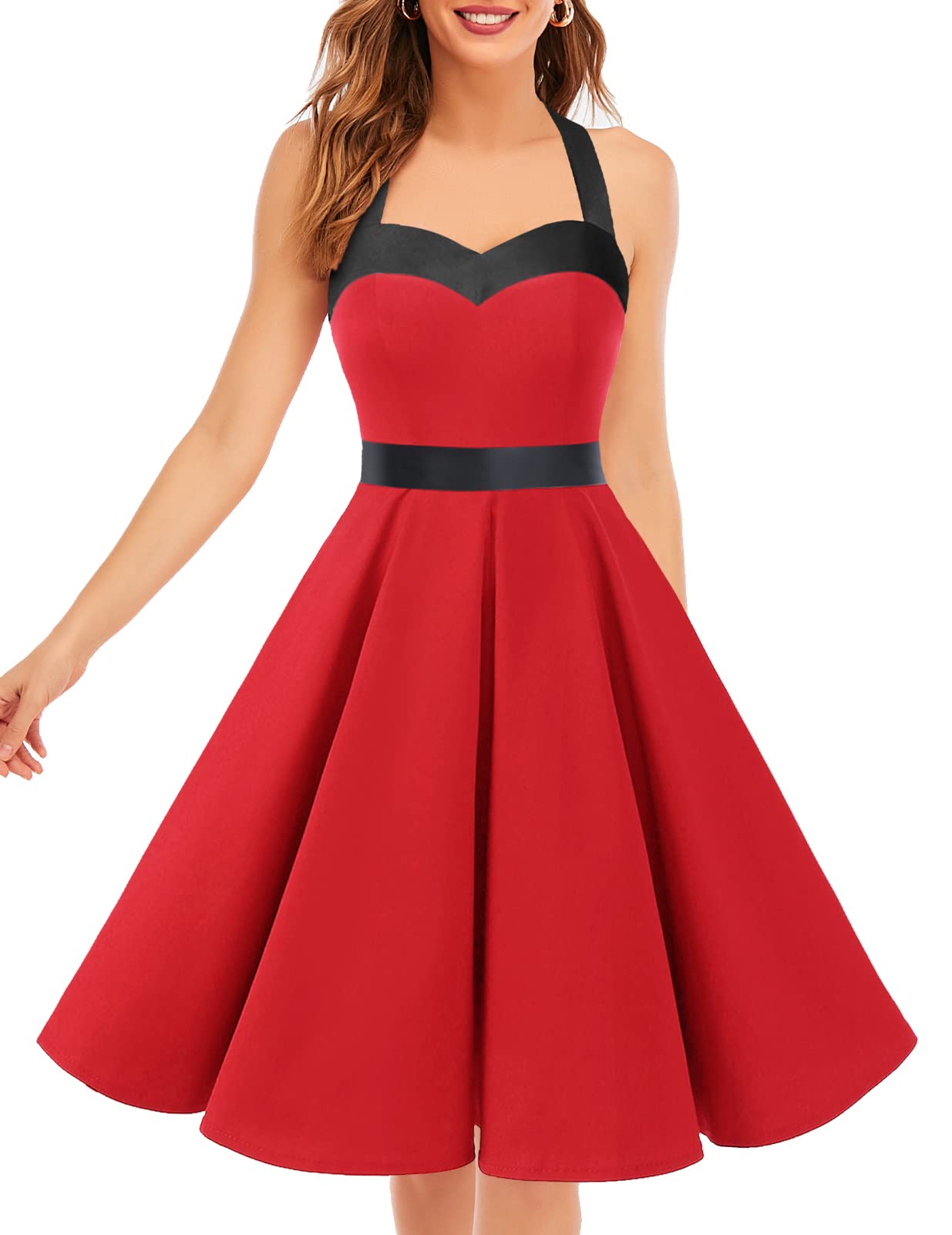 Vintage 1950s Cocktail Dress - Retro Halter Swing Dress for Party & Wedding Red Black