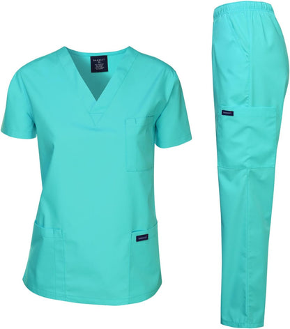 Medical Scrubs Set Unisex - V-Neck Top and Elastic Waist Pants Uniform for Healthcare Workers Aqua Blue