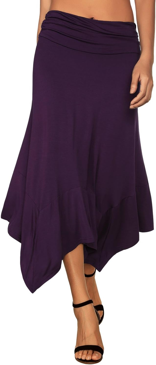 Women's Flowy Handkerchief Hemline Midi Skirt - Elastic Waist Asymmetrical Hem Purple