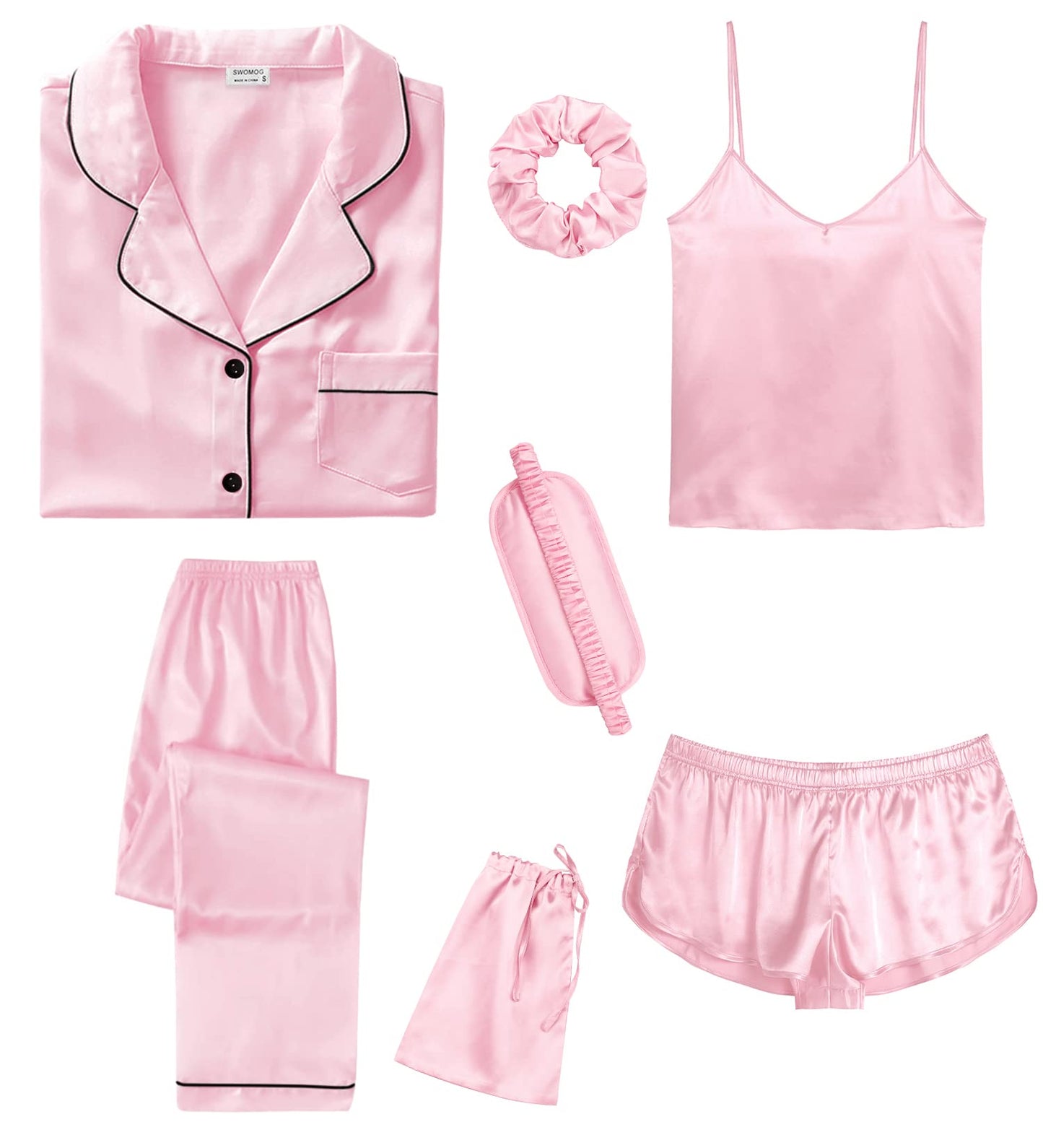 SWOMOG Womens Silk Satin Pajamas Sets 7pcs Sleepwear Sexy Cami Shorts Set and Button Down Short Sleeve Satin Pjs