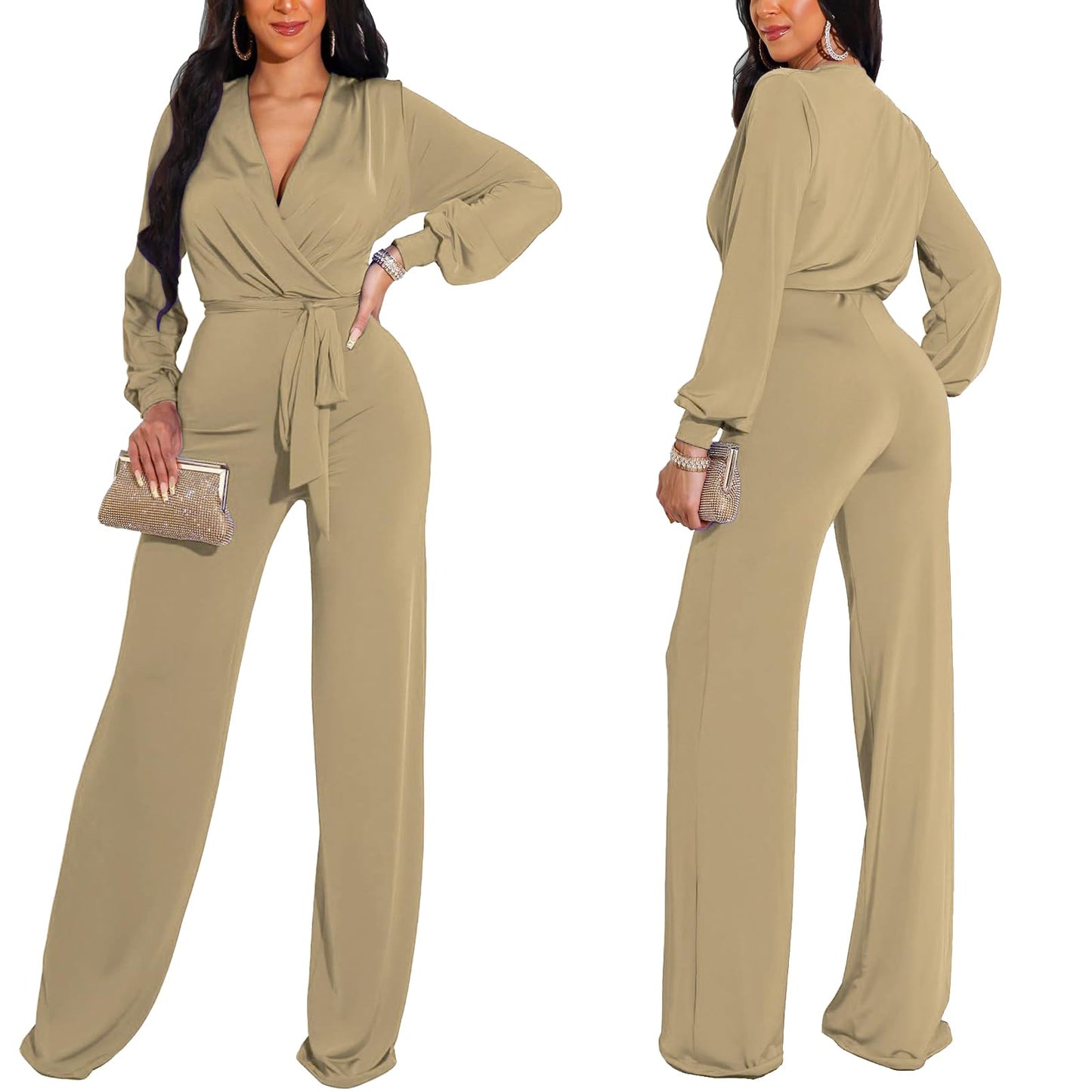 shengfan Formal Jumpsuits for Women Dressy Evening Sexy Deep V Neck Plus Size Long Wide Leg Pants Rompers Clubwear