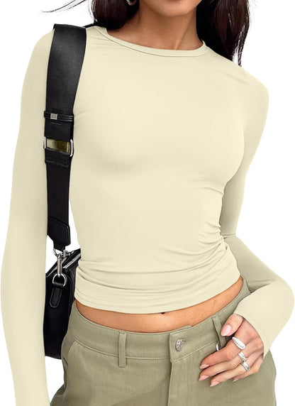 Long Sleeve Crop Top for Women - Stretchy Basic Tee with Crew Neck