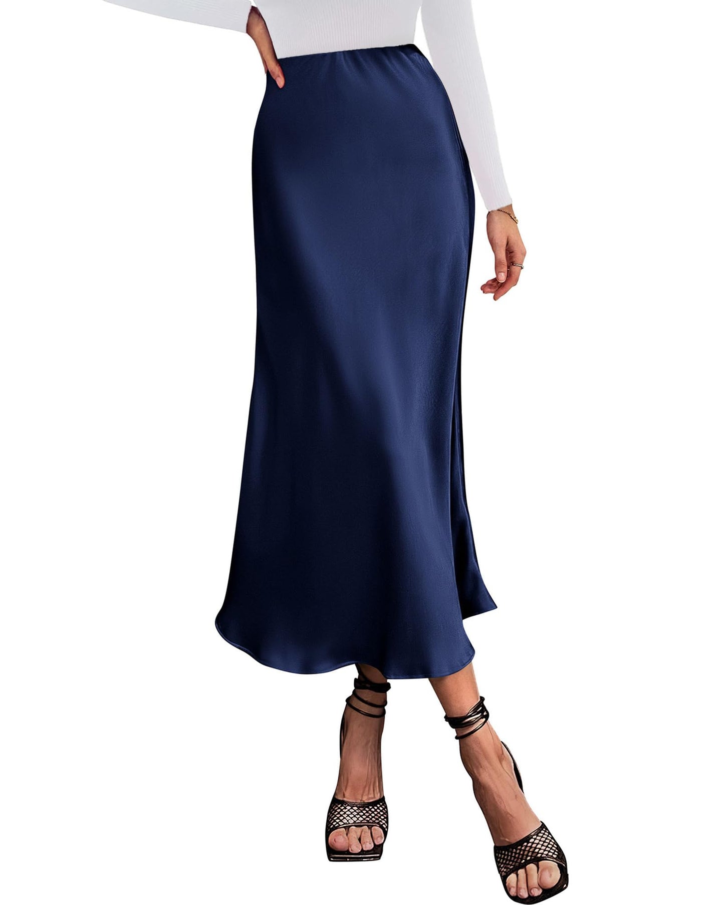 Women's High Waist Satin Midi Skirt - Elegant A-Line Flowy Party Wedding Skirt