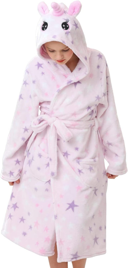 Girls Hooded Fleece Bathrobe - Soft Plush Warm Robe for Kids 3-14 Years Pink Stars Unicorn