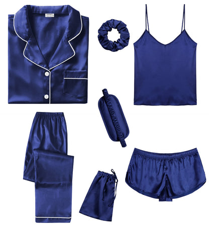 SWOMOG Womens Silk Satin Pajamas Sets 7pcs Sleepwear Sexy Cami Shorts Set and Button Down Short Sleeve Satin Pjs