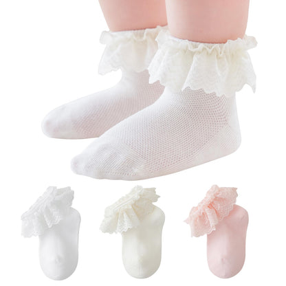 Baby Girl Lace Socks - Newborn Eyelet Ruffle Crew Socks 0-6 6-12 12-24 Months Cotton White Ivory Pink_b 3 Pack