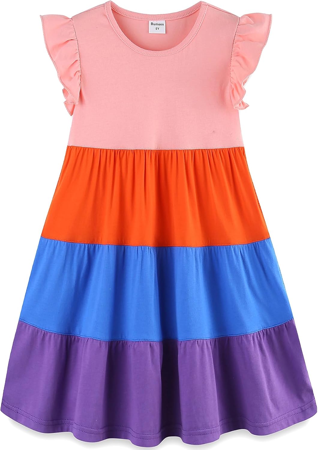 Girls Cotton Dress - Ruffle Sleeve Tiered A-Line Midi Sundress Watermelon