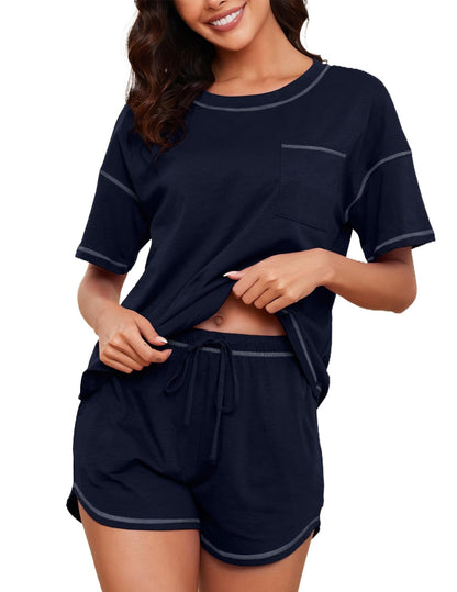 Women's Cotton Pajama Set - Short Sleeve Top and Shorts Sleepwear Lounge Set Navy Blue
