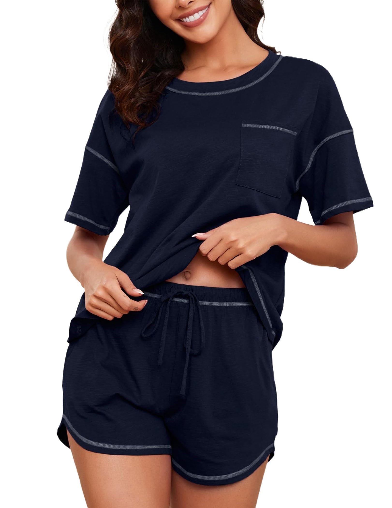 Women's Cotton Pajama Set - Short Sleeve Top and Shorts Sleepwear Lounge Set