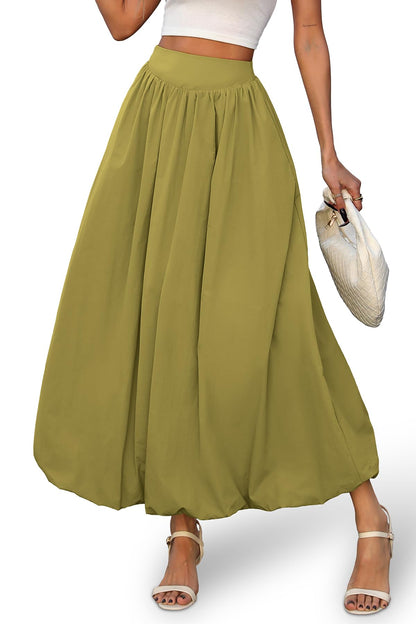 Bubble Skirt with Pockets - Elastic Waist Y2K A-Line Long Skirt for Women Green