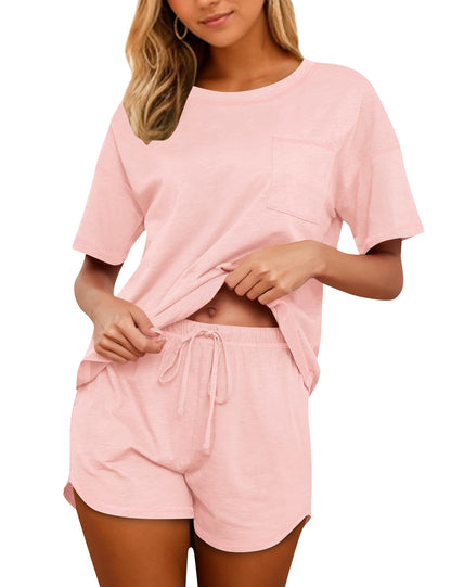 Women's Cotton Pajama Set - Short Sleeve Top and Shorts Sleepwear Lounge Set
