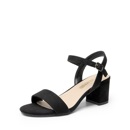 Women's Low Block Heel Sandals - Open Toe Ankle Strap Chunky Heels with Buckle Black-suede
