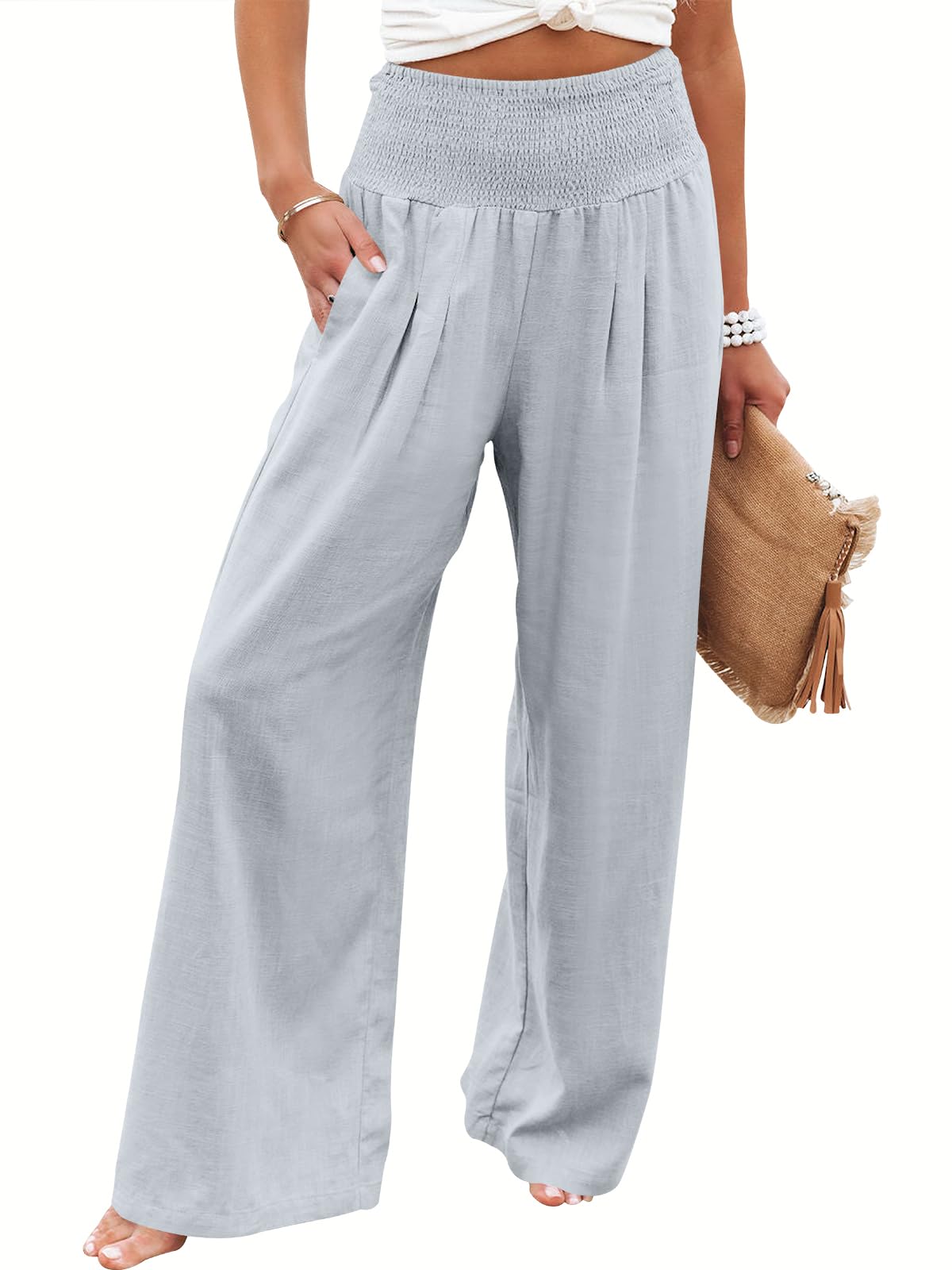 Linen Palazzo Pants Women Wide Leg High Waist Summer Boho Casual Lounge Pants