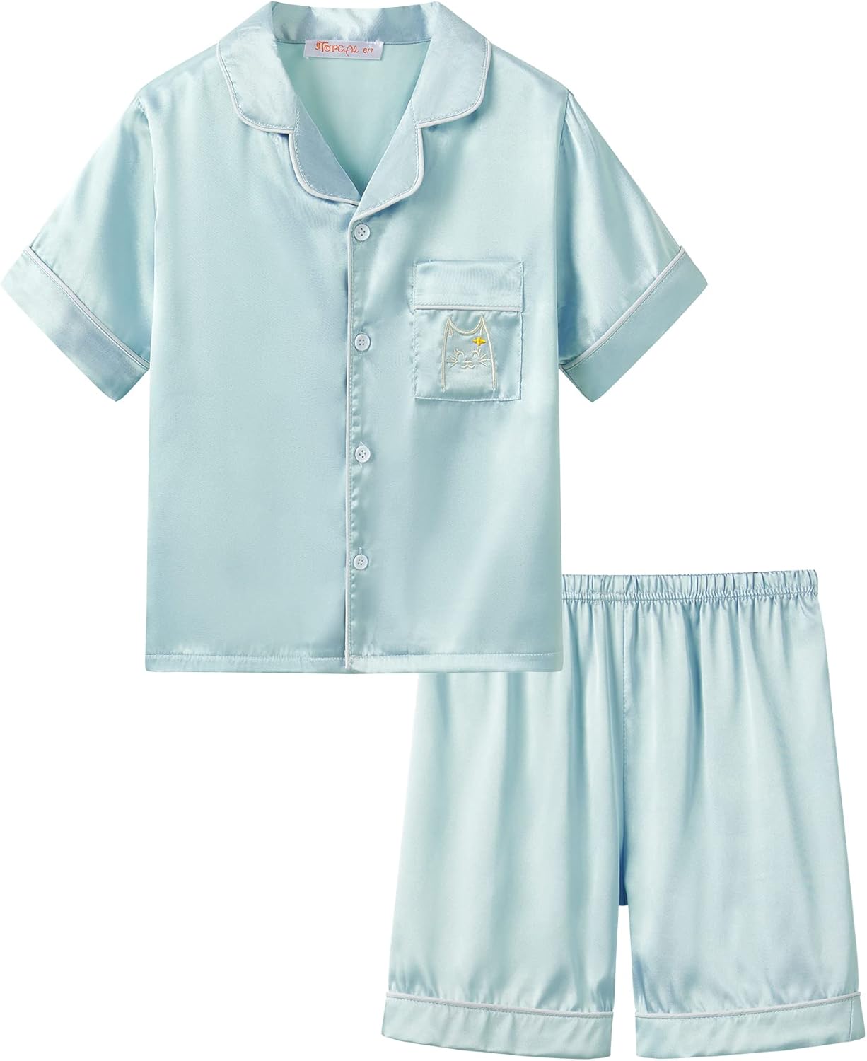 Girls Satin Pajama Set - Silky Button Down PJ with Shorts Size 6-16 Light Blue Cat