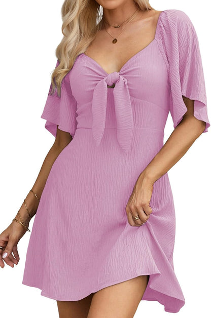 Women's Deep V-Neck Mini Dress with Bow Tie - Elegant Summer Fall Outfit