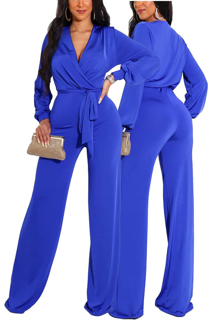 shengfan Formal Jumpsuits for Women Dressy Evening Sexy Deep V Neck Plus Size Long Wide Leg Pants Rompers Clubwear