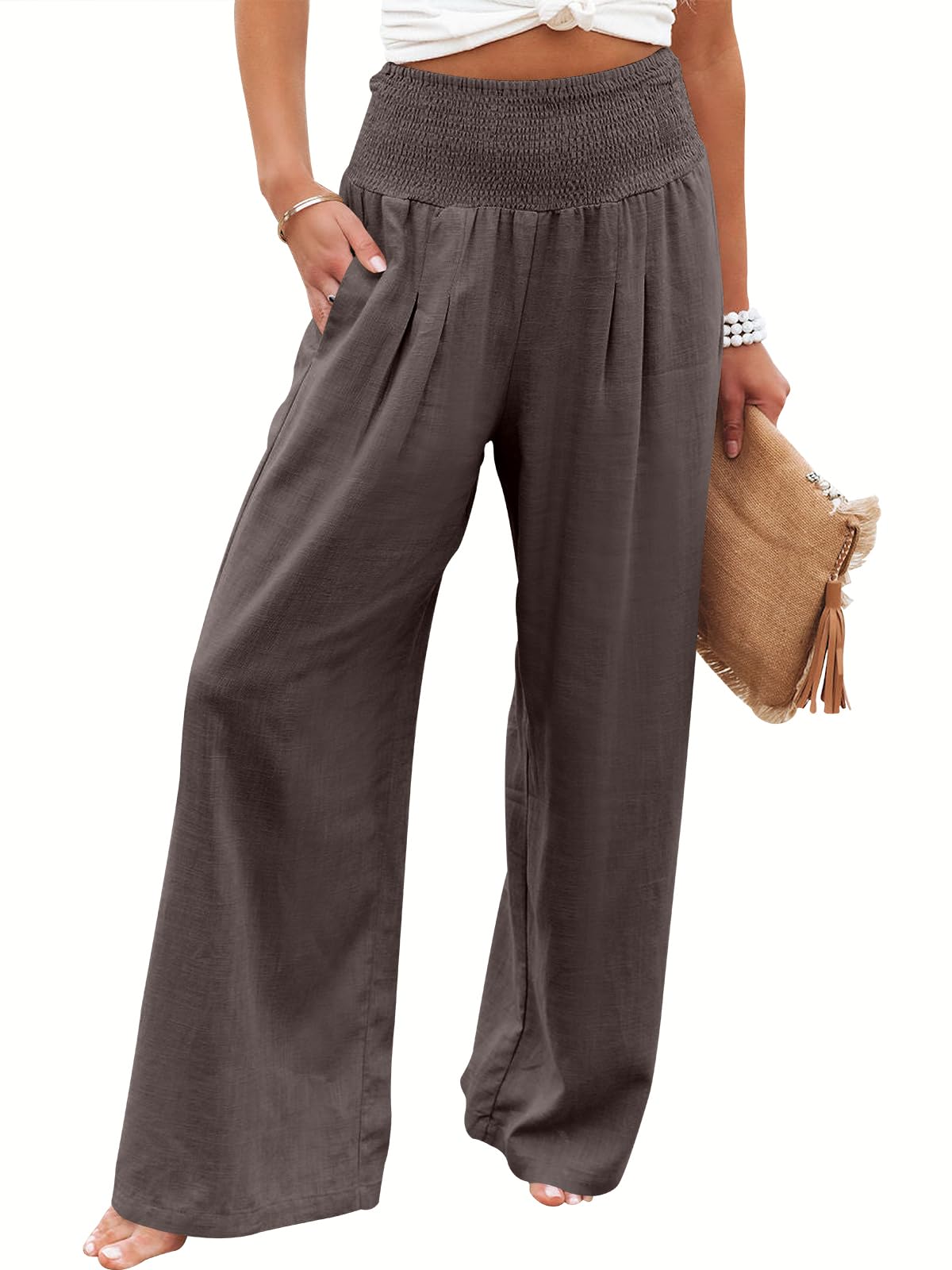 Linen Palazzo Pants Women Wide Leg High Waist Summer Boho Casual Lounge Pants Coffee