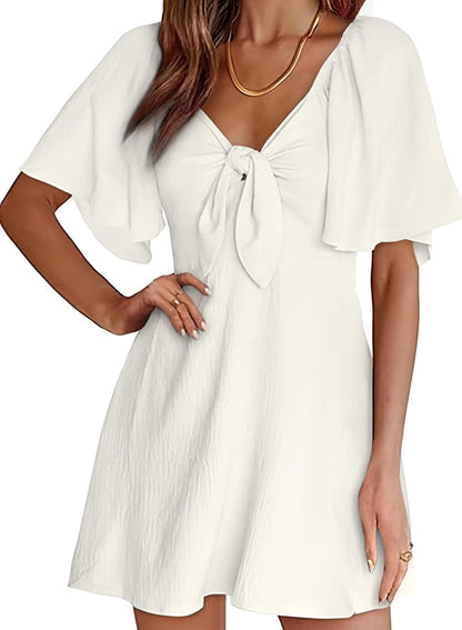 Women's Deep V-Neck Mini Dress with Bow Tie - Elegant Summer Fall Outfit