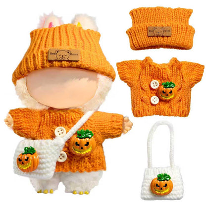 3 Piece Handmade Crochet Outfit for 17cm Dolls - Heart Sweater Hat & Bag Set Pumpkin Sweater Set