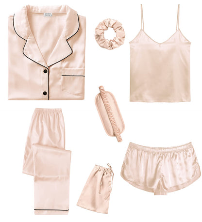 SWOMOG Womens Silk Satin Pajamas Sets 7pcs Sleepwear Sexy Cami Shorts Set and Button Down Short Sleeve Satin Pjs