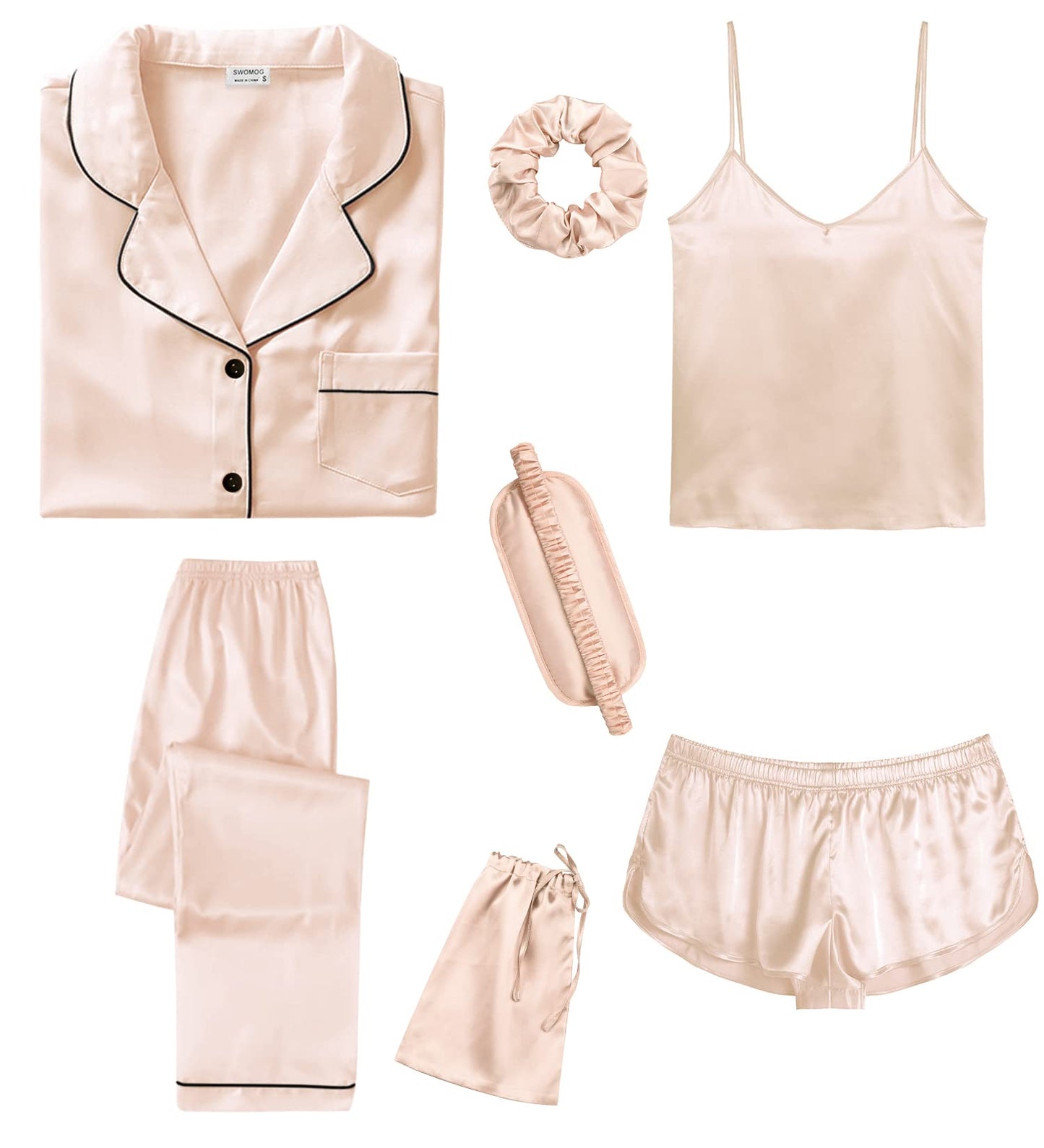SWOMOG Womens Silk Satin Pajamas Sets 7pcs Sleepwear Sexy Cami Shorts Set and Button Down Short Sleeve Satin Pjs