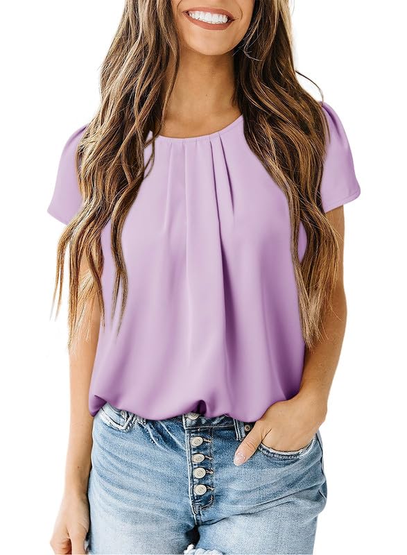 Polyester Blouses - Women's Chiffon Blouse Short Sleeve Pleated Top with Keyhole Back Detail