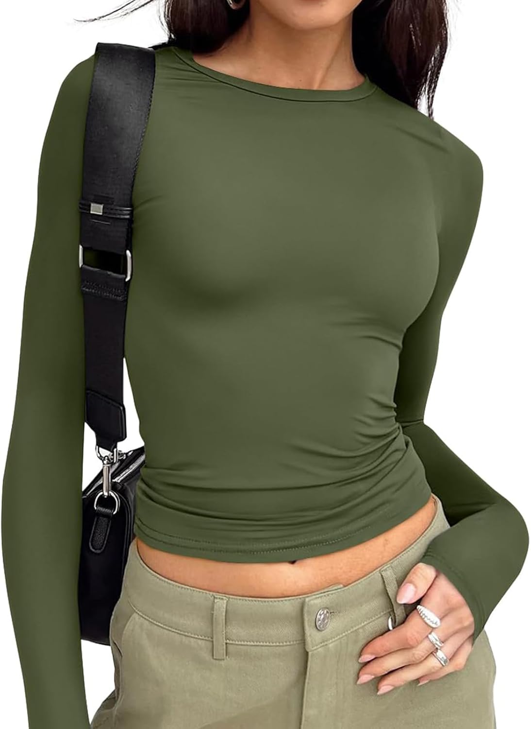 Long Sleeve Crop Top for Women - Stretchy Basic Tee with Crew Neck